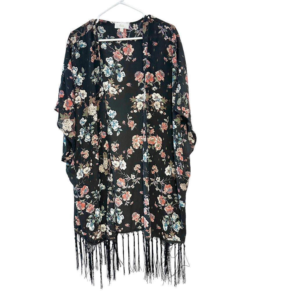 Black Floral Draped Fringe Kimono